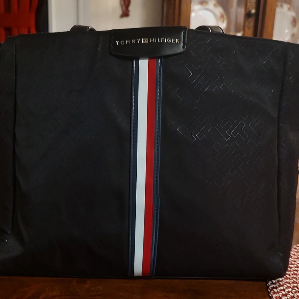 Tommy Hilfiger Black Laptop Bag with Red and White Stripe